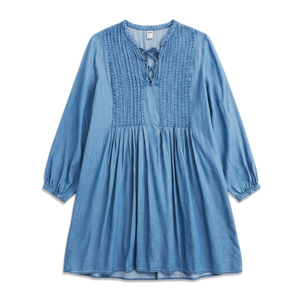 Old Navy Chambray Dress Womens Medium Blue Lace Up Pintuck‎ Boho Denim Dress
